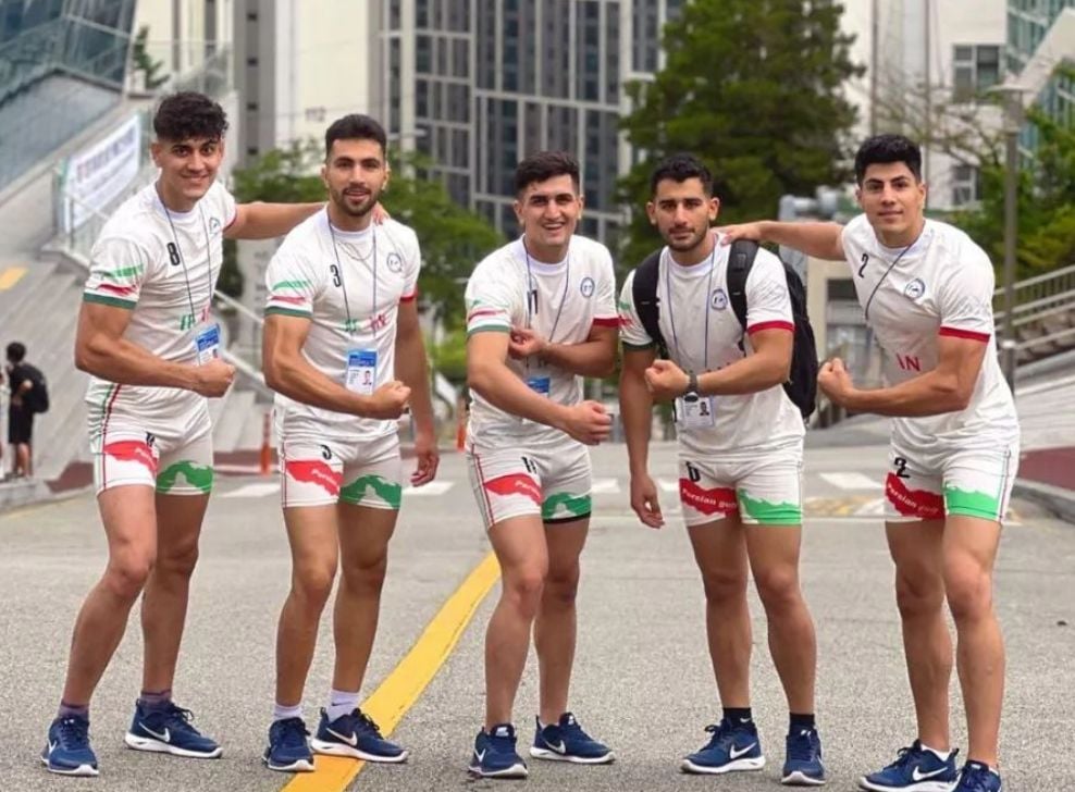 Milad Jabbari (second from left) with his team members in Korea for the 11th edition of the Asian Kabaddi Championship (2023)