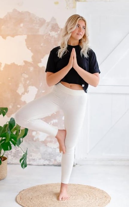 Milla Magee while practising yoga