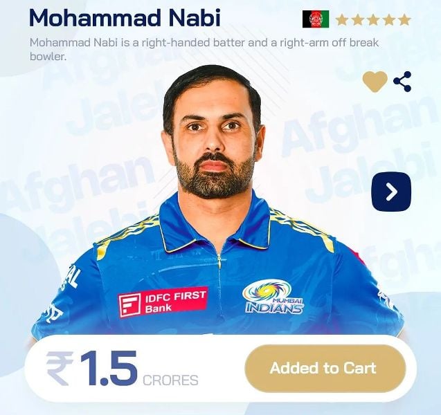 Mohammad Nabi was sold to Mumbai Indians for Rs. 1.50 crore in the 2024 IPL auction