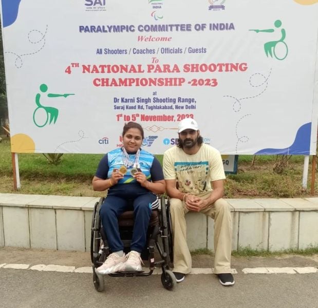 Mona Agarwal with her coach at the 4th National Para Shooting Championship in New Delhi (2023)
