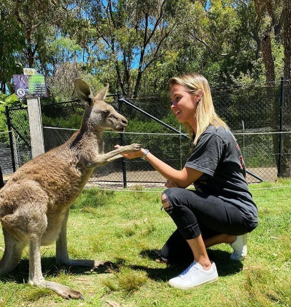 Monica Wright with a kangaroo