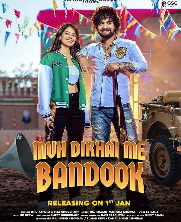 Muh Dikhai Me Bandook music video poster featuring Biru Kataria and Fiza Choudhary