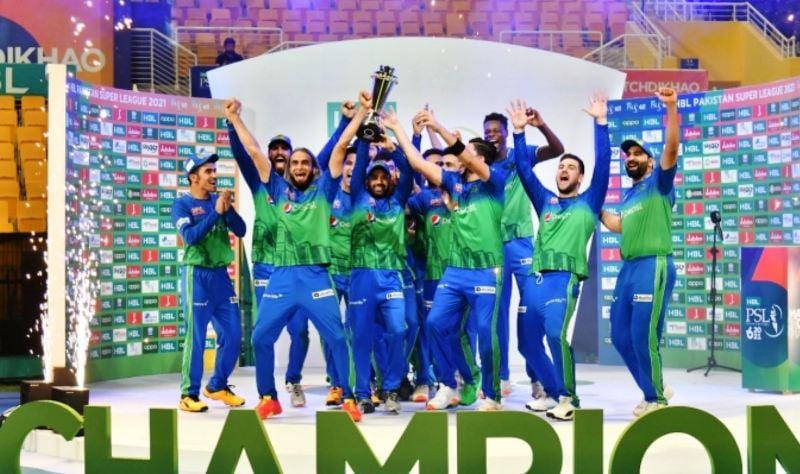 Muhammad Waseem (rightmost) posing with his team Multan Sultans after winning the 2021 Pakistan Super League (PSL)