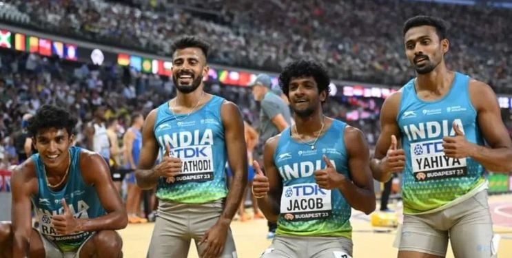 From left: Rajesh Ramesh, Muhammed Ajmal Variyathodi, Amoj Jacob, and Muhammed Anas Yahiya after making it to the finals at the 2023 World Athletics Championships