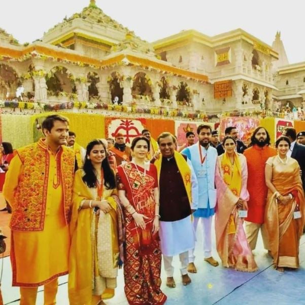 22 January 2024: Mukesh Ambani, along with his family, at the Ram Mandir Pran Pratishtha ceremony in Ayodhya, Uttar Pradesh
