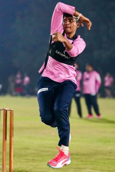 N Sree Charani during bowling practice