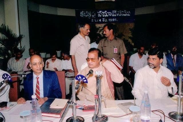 N. Chandrababu Naidu (right) with NT Rama Rao (middle) during a government function