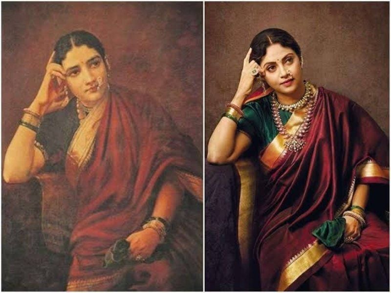 Nadiya Moidu posing to recreate the painting of Raja Ravi Varma