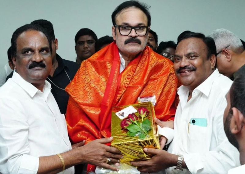 Nagendra Babu (centre) during a meeting with Janasena leaders in 2024