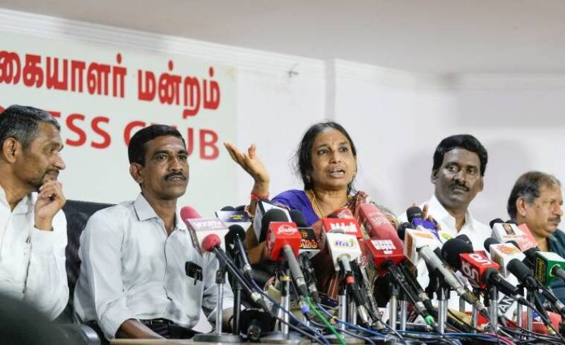 Nalini Sriharan, one of the convicts in the Rajiv Gandhi assassination case, speaks to reporters during a press conference after being released from prison on 13 November 2022 in Chennai