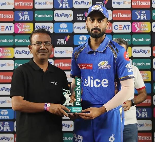 Naman Dhir being awarded for a quick knock during the 2024 IPL season