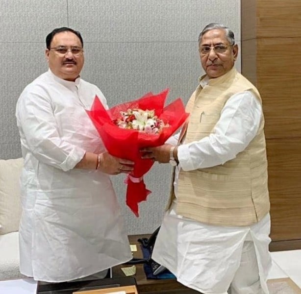 Nand Kishore Yadav with JP Nadda (left) during Assembly elections