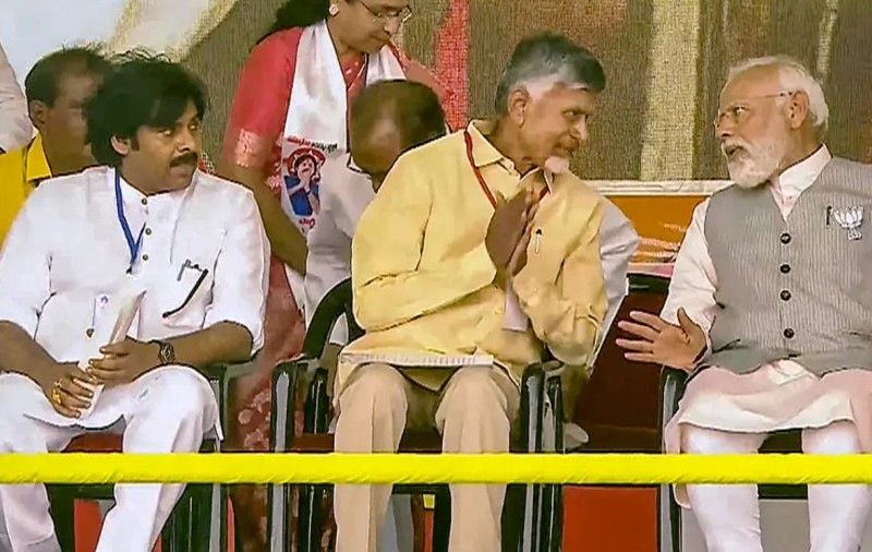 Narendra Modi, N. Chandrababu Naidu, and Pawan Kalyan (right to left) during election campaigning in 2024