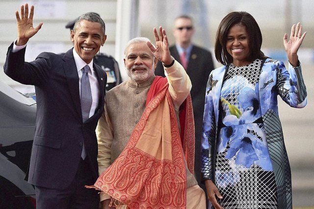 Narendra Modi with Barack Obama and Michelle Obama