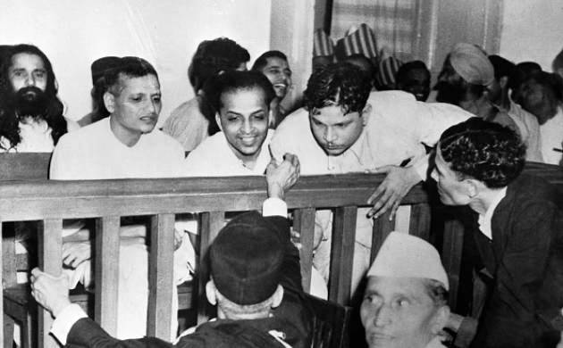 Nathuram Godse, Narayan Apte and Vishnu Ramkrishna are in front row and six others are back seated