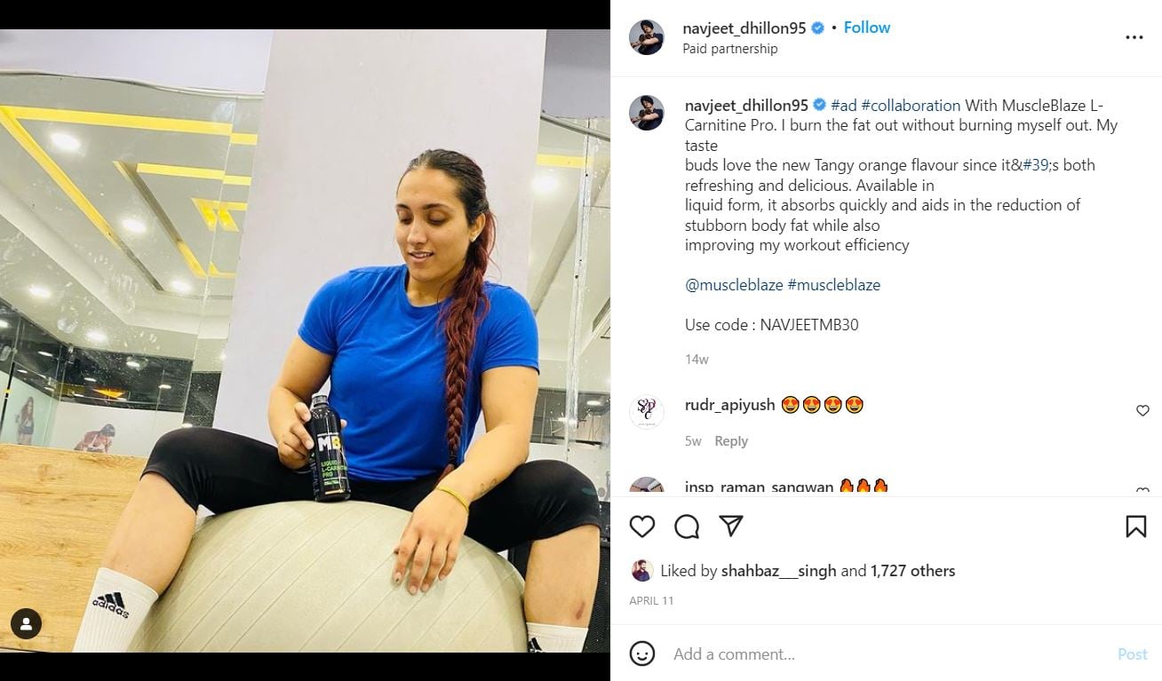 Navjeet Kaur Dhillon promoting the energy drink MuscleBlaze L-Carnitine Pro