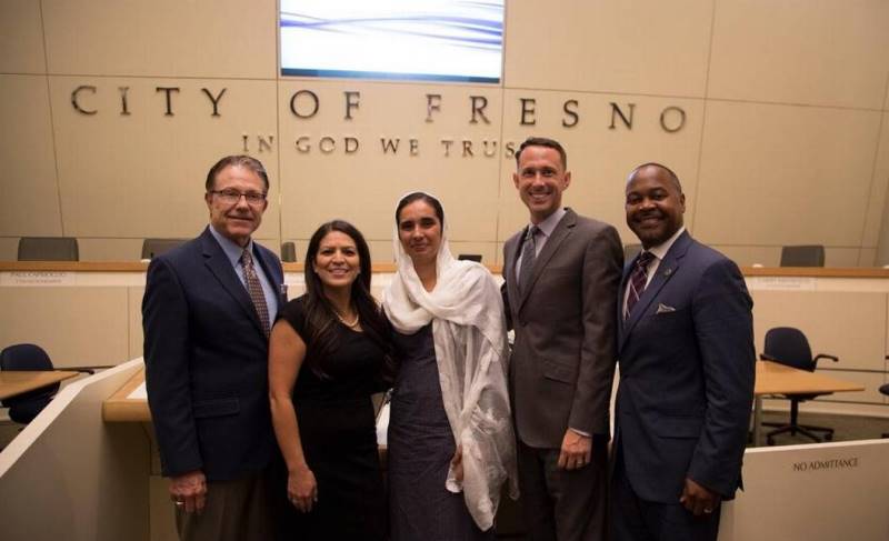 Navkiran Kaur Khalra being congratulated by Fresno City Council Members Paul Caprioglio, Esmeralda Soria, Clinton Olivier and Oliver Baines, who unanimously voted to rename Victoria Park as Jaswant Singh Khalra Park