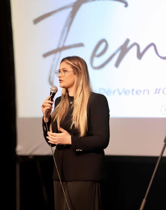 Neda Balluku addressing the audience at FemFest