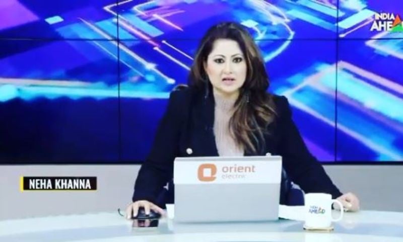 Neha Khanna anchoring a primetime show for India Ahead