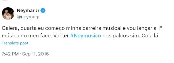 Neymar announcing the start of his music career