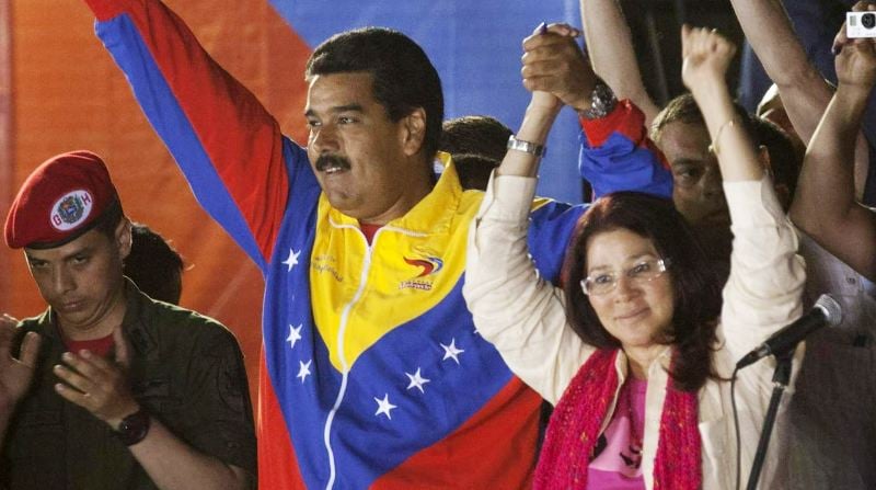 Nicolás Maduro celebrating his victory in the 2013 Venezuelan presidential election with wife Cilia Flores