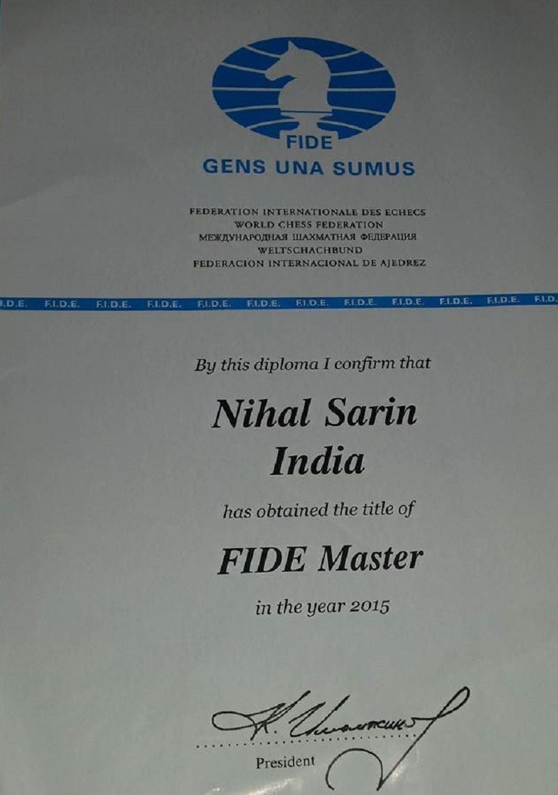 Nihal Sarin given the title of FIDE Master