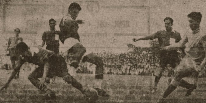Nikhil Nandy (extreme left) during a match for Eastern Railways
