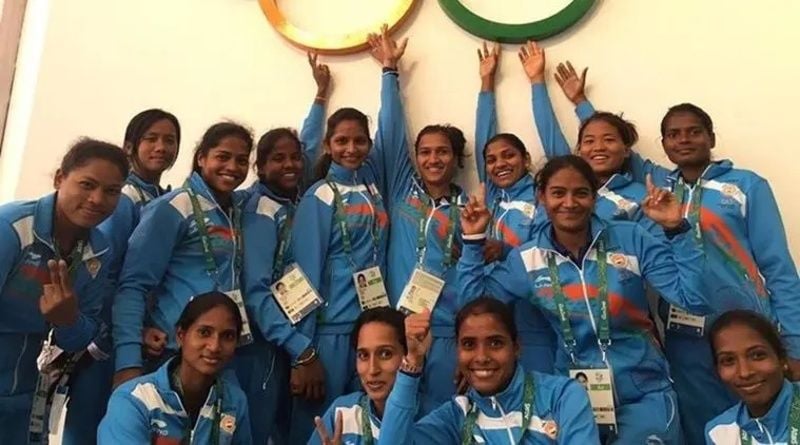 Nikki Pradhan (sitting in the extreme right corner) with her team members at the Rio Olympics 2016
