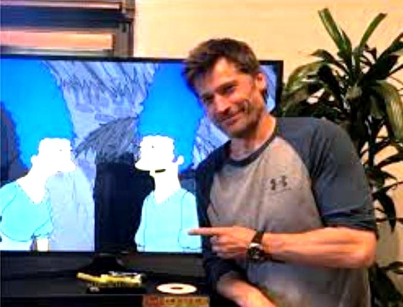 Nikolaj Coster-Waldau while pointing at the character 