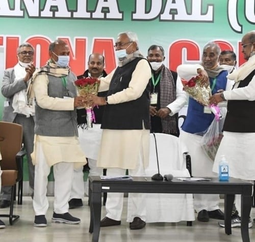 Nitish Kumar congratulating Ram Chandra Prasad Singh on becoming the party president