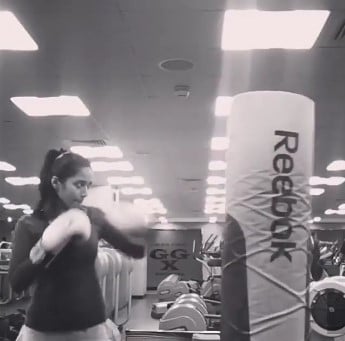 Nivetha Pethuraj while practising boxing
