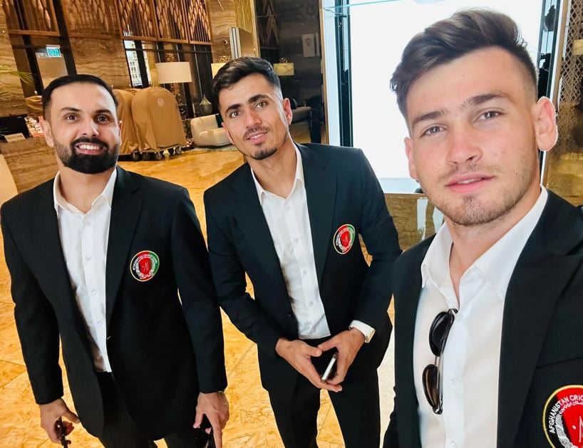 Noor Ahmad with Mujeeb Ur Rahman and Mohammad Nabi (right to left) when they arrived in India for the 2023 ODI World Cup