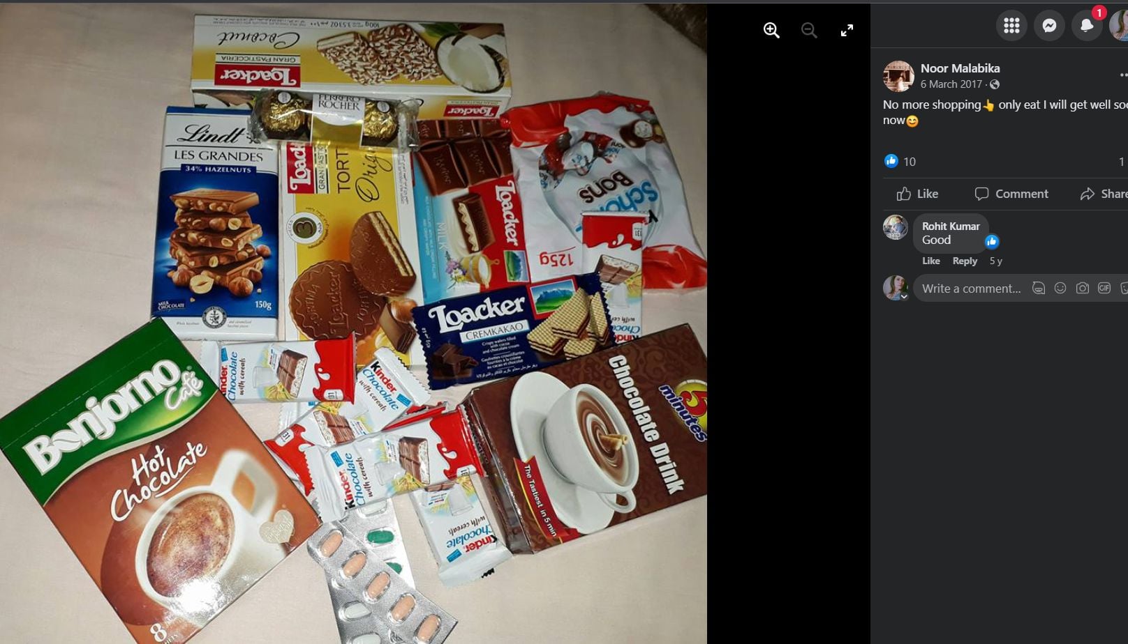 Noor posting about her love for chocolates