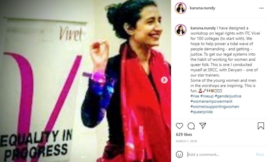 Karuna Nundy at a workshop designed by herself with ITC Vivel in 2019