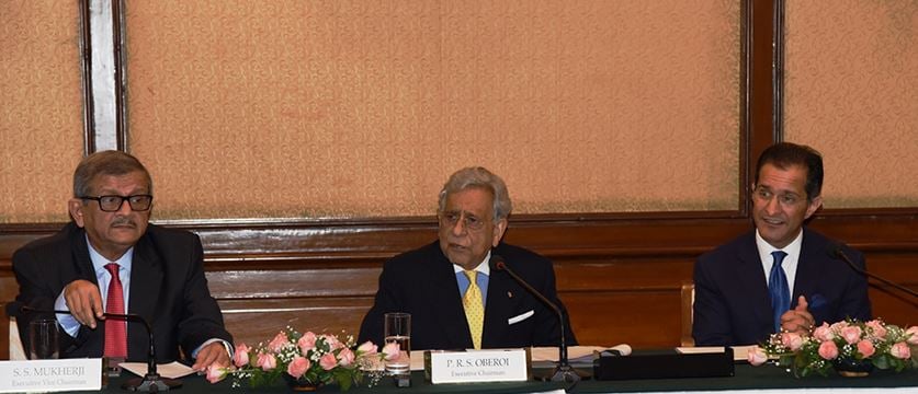 (L to R) S.S.Mukherji, Executive Vice Chairman, EIH Limited, P.R.S. Oberoi, Executive Chairman, EIH Limited, and Vikram Oberoi, Managing Director and Chief Executive Officer, EIH Limited at the Sixty-seventh Annual General Meeting of EIH Limited held in Kolkata