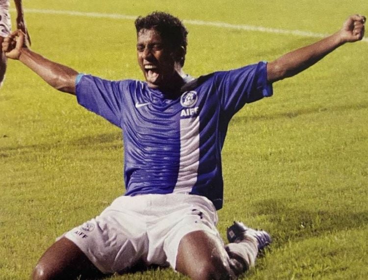 Pappachen Pradeep celebrating a goal for Indian national football team