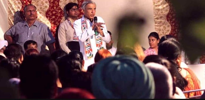 Pawan Kumar Bansal while speaking during a political campaign