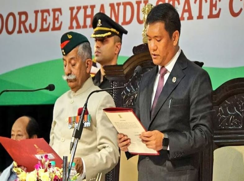 Pema Khandu taking oath as the Chei Minister of Arunachal Pradesh