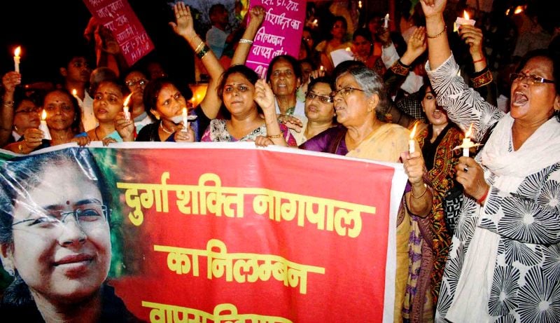 People protesting to revoke Durga Shakti Nagpal