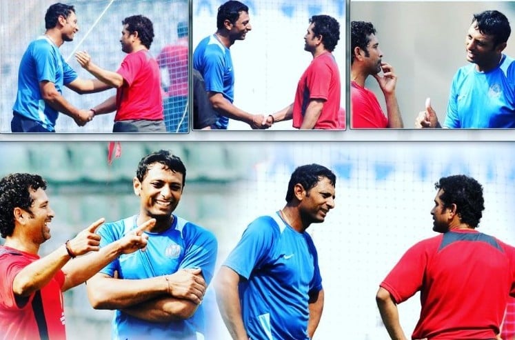 Photos of Sitanshu Kotak with Sachin Tendulkar (in red)