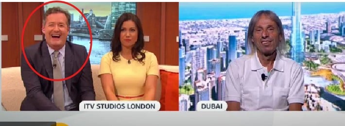 Piers Morgan while laughing on-air when the guest (right) repeatedly used the word 