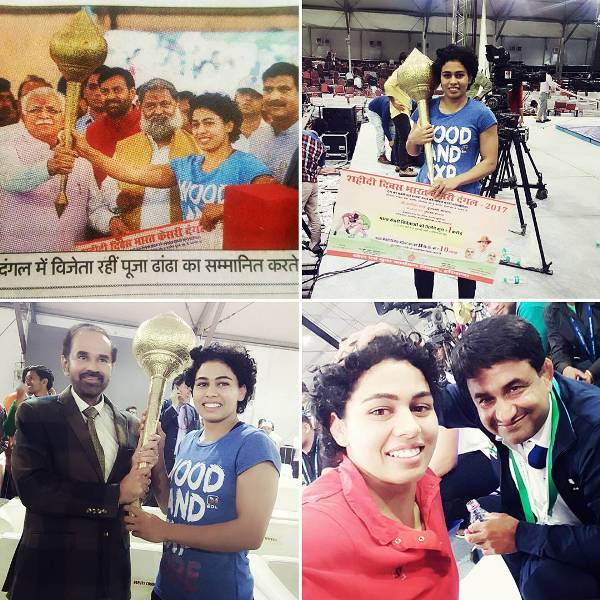 Pooja Dhanda with her Bharat Kesari award 