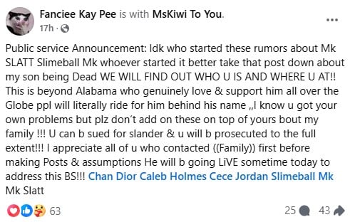 Post on the Facebook wall of MK Slatt