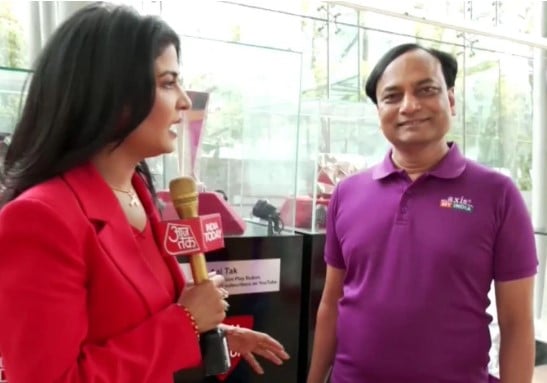 Pradeep Gupta with Anjana Om Kashyap during the 2024 Lok Sabha elections exit polls