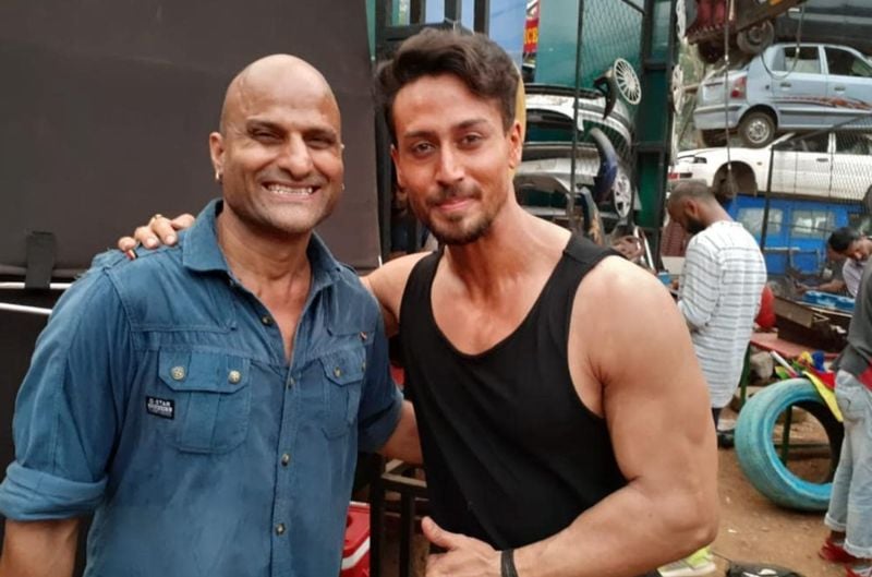 Pradeep Kabra (left) with Indian actor Tiger Shroff on the sets of the Hindi film titled 
