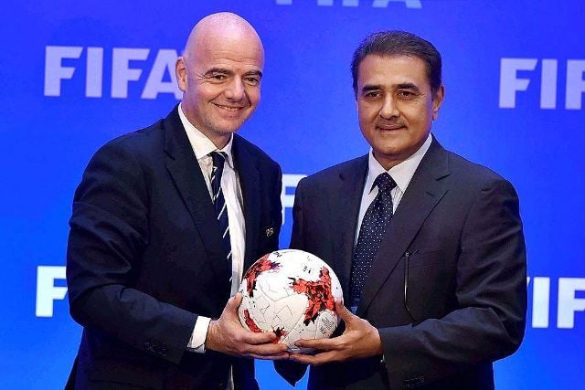 Praful Patel is pictured with the FIFA President, Gianni Infantino in a conference in Kolkata