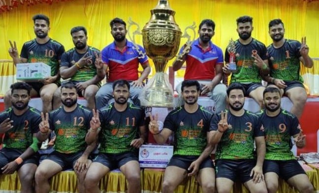 Prashanth Rai with his team after winning a state-level kabaddi championship organised in Chettikulam, district Tirunelveli, Tamil Nadu
