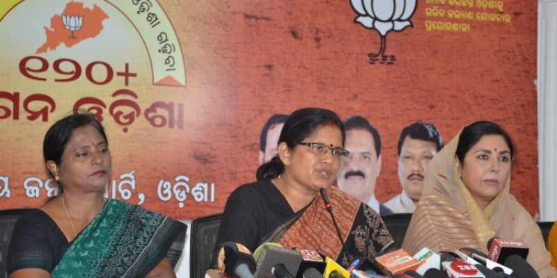 Pravati Parida (centre) while addressing the media as the BJP
