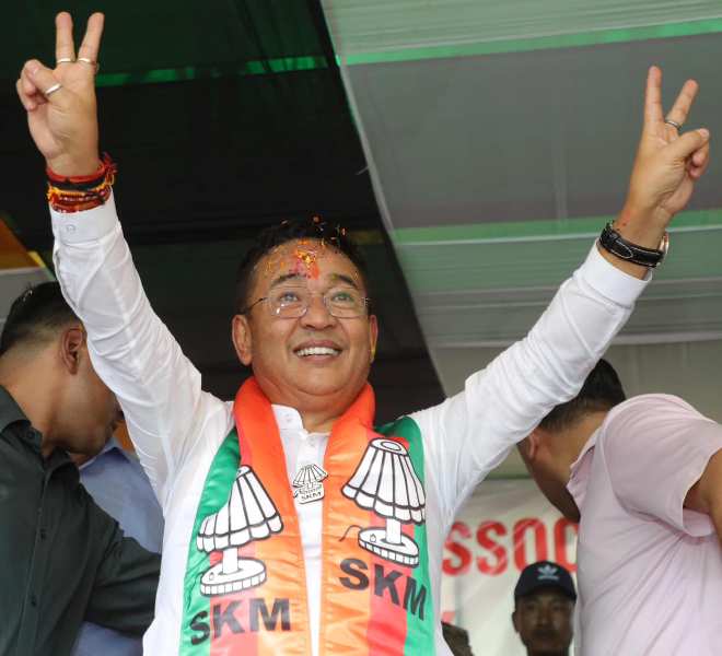 Prem Singh Tamang making victory sign after his party won 2024 Sikkim elections