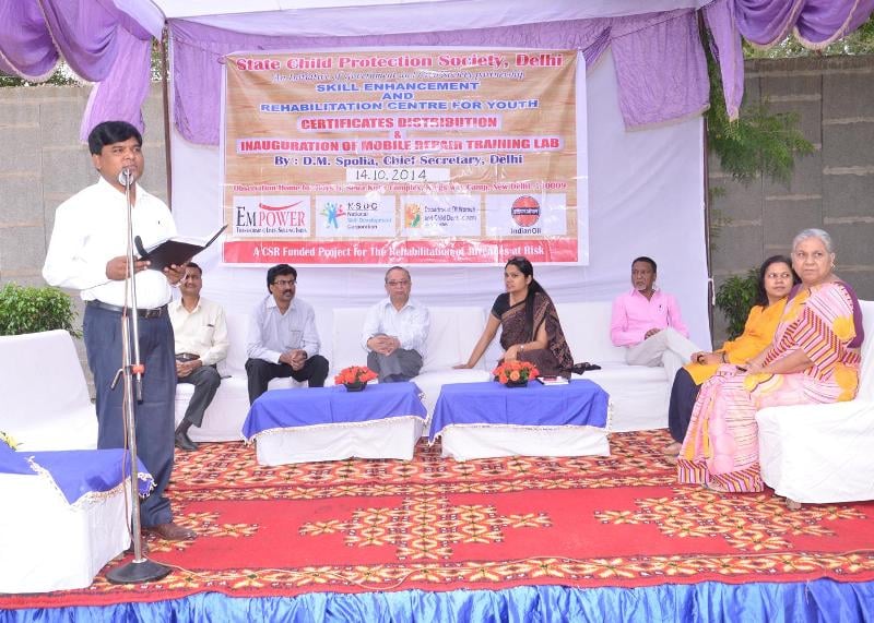 Premoday Khakha (standing) at an event organised by the State Child Protection Society, Delhi